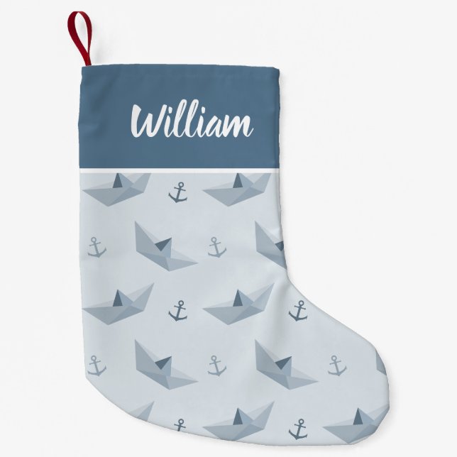 Personalisierte Nautic Boat & Anchor Muster Boys Kleiner Weihnachtsstrumpf (Vorderseite)