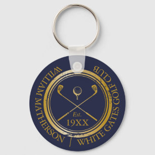 Personalisierte Navy Blau und Gold Golf Club Name Schlüsselanhänger