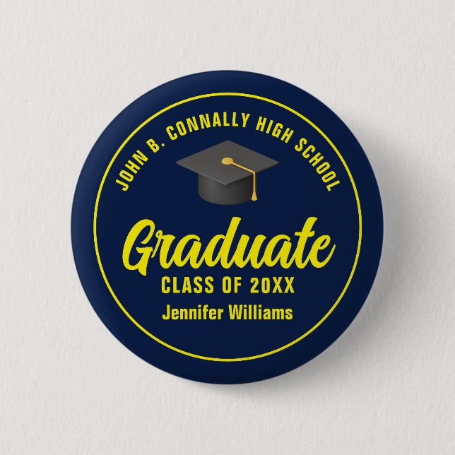 Personalisierte Navy Blue Yellow Graduation Party Button (Vorderseite)