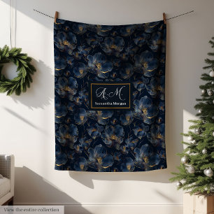 Personalisierte Navy-Decke Chic Gold Blumen Gesche Fleecedecke