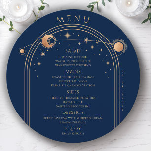 Personalisierte Navy-Gold-Hochzeit unter Sternen Menükarte