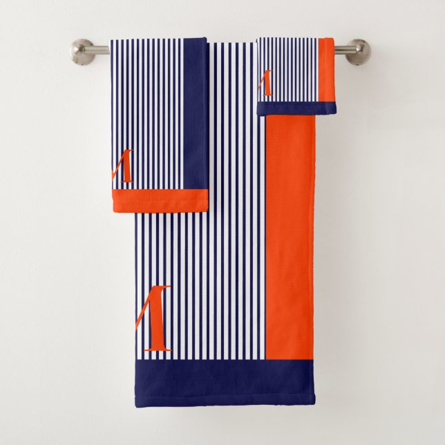 Personalisierte Navy und Orange Nautic Ästhetik Badhandtuch Set (Insitu)