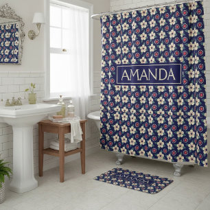 Personalisierte navyblaue Blumen-Badmatte Badematte