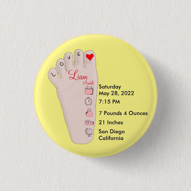 Personalisierte neue Babygeschenke - Geburtsstunde Button (Vorderseite)