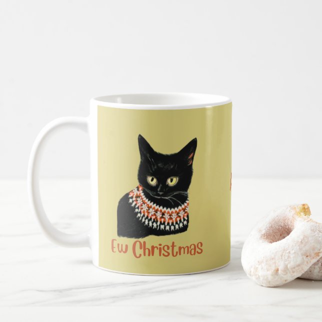 Personalisierte neue Weihnachtskatze Ugly Sweater Kaffeetasse (Mit Donut)