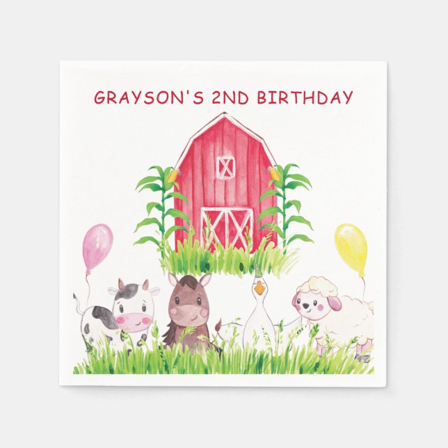 Personalisierte Niedliche Aquarellfarm Geburtstag Serviette (Vorderseite)