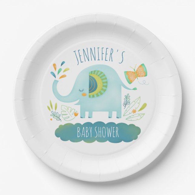 Personalisierte Niedliche Blue Elephant Baby Dusch Pappteller (Vorderseite)