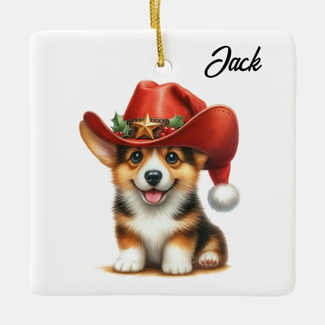 Personalisierte Niedliche Corgi Cowboy Weihnachtsm Keramikornament (Vorderseite)