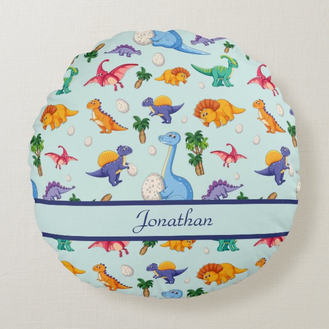 Personalisierte Niedliche Dinosaurier Blue Boy Bab Rundes Kissen (Vorderseite)