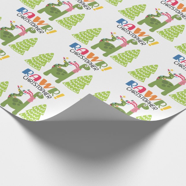Personalisierte Niedliche Dinosaurier Weihnachten Geschenkpapier (Ecke)