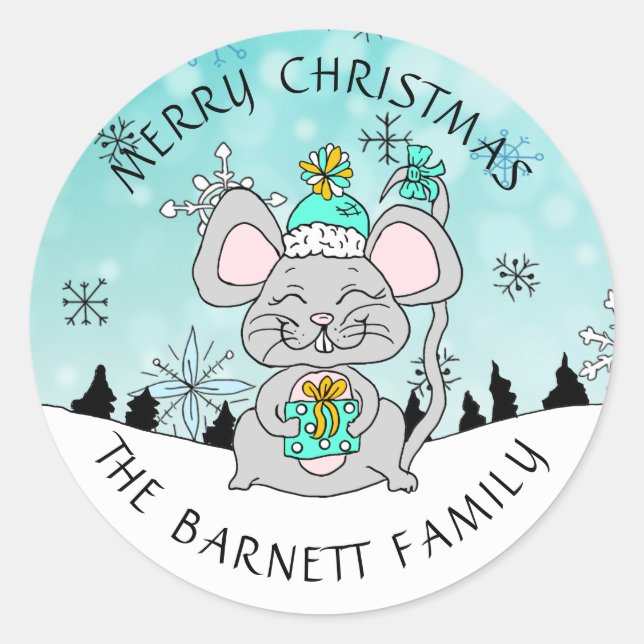 Personalisierte Niedliche Frohe Weihnachtsmäuse Sc Runder Aufkleber (Vorderseite)
