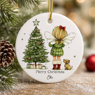 Personalisierte Niedliche gemütliche Fee und Welpe Keramik Ornament