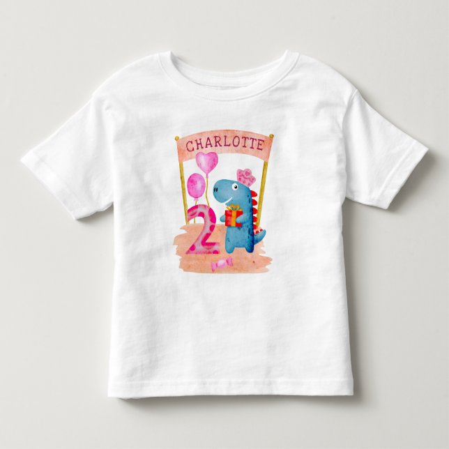 Personalisierte Niedliche Girly Dinosaur 2 Jahre G Kleinkind T-shirt (Vorderseite)