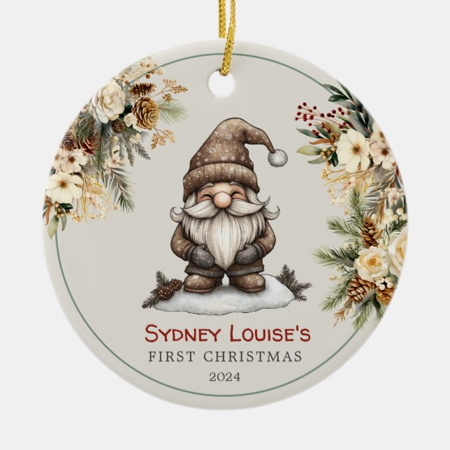 Personalisierte Niedliche Gnome Baby's First Chris Keramik Ornament (Vorne)