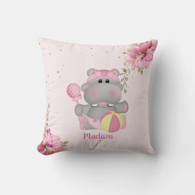 Personalisierte Niedliche Hippo-Rosa und Gold-Blüt Kissen (Vorderseite)