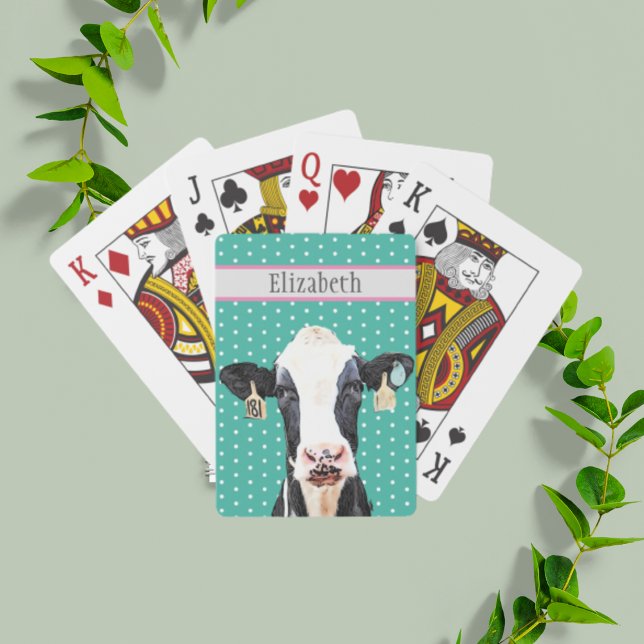 Personalisierte Niedliche Holstein Milchkuh Tierbe Spielkarten (Holstein cow playing cards on a pretty blue teal background.)