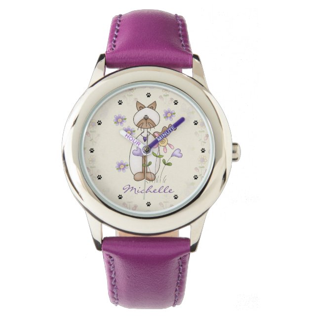 Personalisierte Niedliche Katze, Blume, Papageien Armbanduhr (Vorderseite)