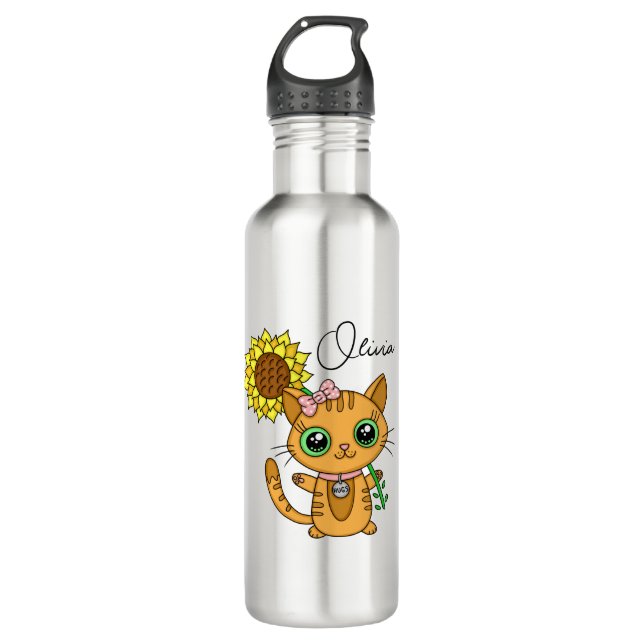 Personalisierte Niedliche Kawaii Cat Holding-Blume Edelstahlflasche (Vorderseite)