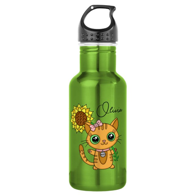 Personalisierte Niedliche Kawaii Cat Holding-Blume Edelstahlflasche (Vorderseite)