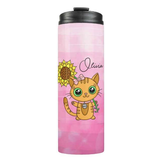 Personalisierte Niedliche Kawaii Cat Holding-Blume Thermosbecher (Vorderseite)