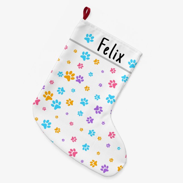 Personalisierte Niedliche Kitten Paw Print Großer Weihnachtsstrumpf (Vorderansicht (hängend))