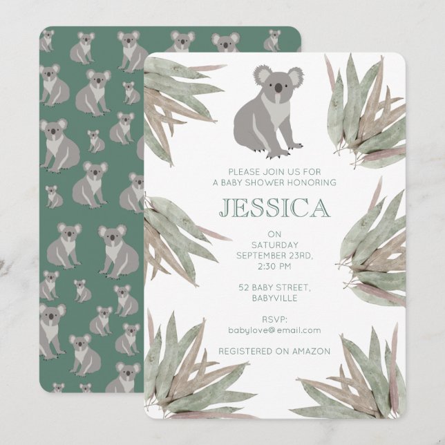 Personalisierte Niedliche Koala Eucalyptus Babydus Einladung (Vorne/Hinten)