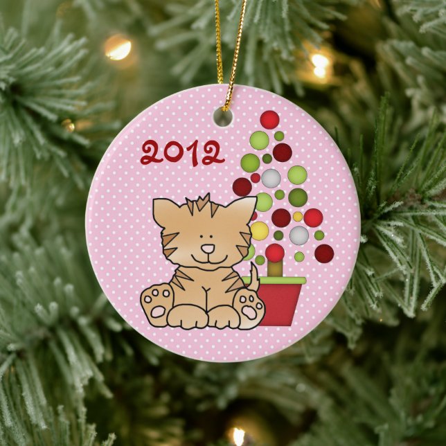 Personalisierte Niedliche Orangenkatze, Urlaubshäu Keramik Ornament (Baum)