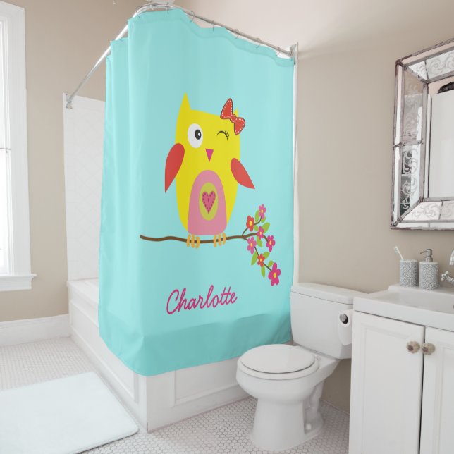 Personalisierte Niedliche Owl Yellow Pink Illustra Duschvorhang (Beispiel)