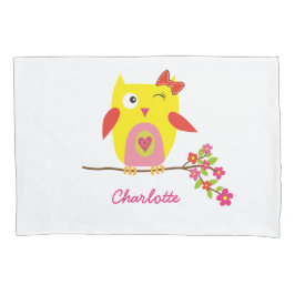 Personalisierte Niedliche Owl Yellow Pink Illustra Kissenbezug