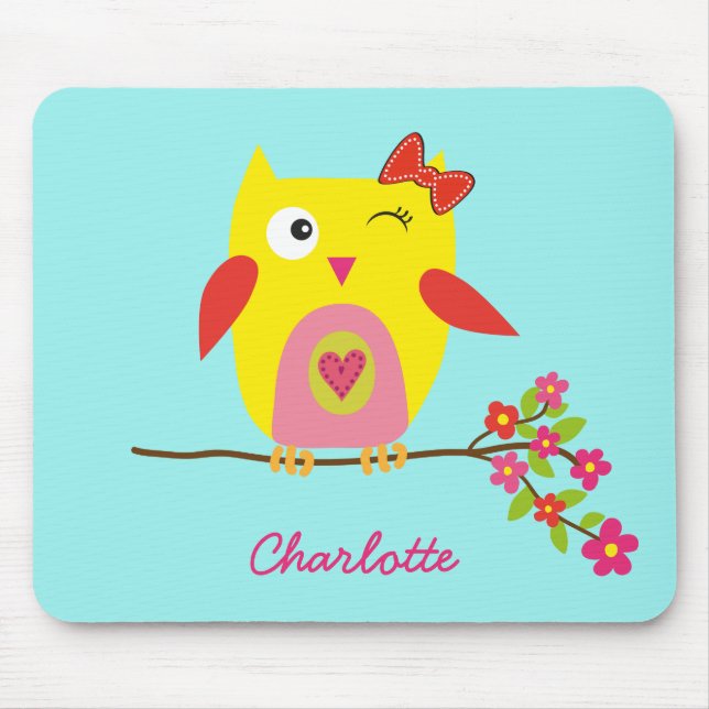 Personalisierte Niedliche Owl Yellow Pink Illustra Mousepad (Vorne)