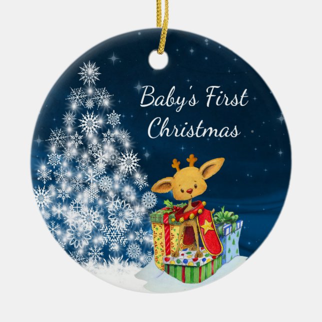 Personalisierte Niedliche Rentier Baby's First Chr Keramikornament (Vorne)