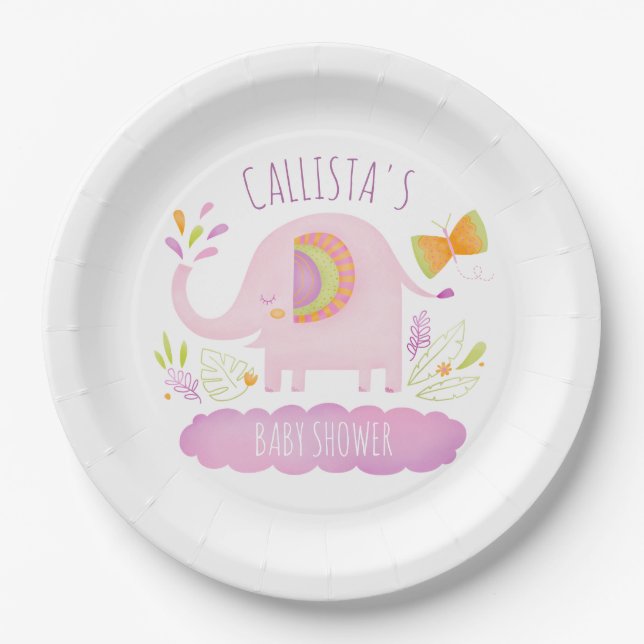 Personalisierte Niedliche Rosa Elephant Babydusche Pappteller (Vorderseite)