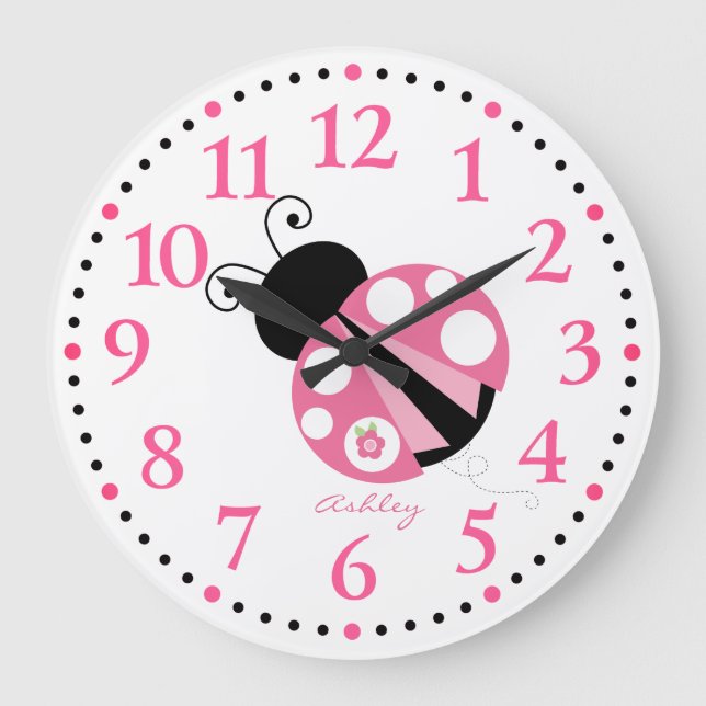Personalisierte Niedliche Rosa Ladybug Große Uhr (Vorderseite)