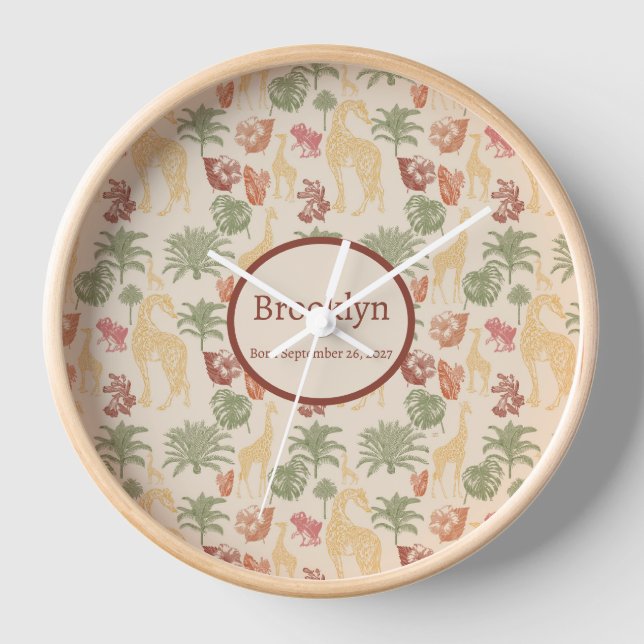 Personalisierte Niedliche Safari Giraffe Floral Uhr (Vorderseite)