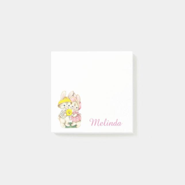 Personalisierte Niedliche Vintage Bunnies Blume Post-it Klebezettel (Vorderseite)
