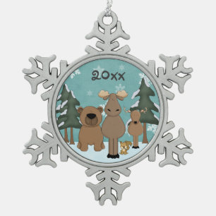 Personalisierte Niedliche Waldtiere Weihnachten Schneeflocken Zinn-Ornament