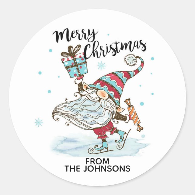Personalisierte Niedliche Weihnachts-Gnome-Skaten Runder Aufkleber (Vorderseite)