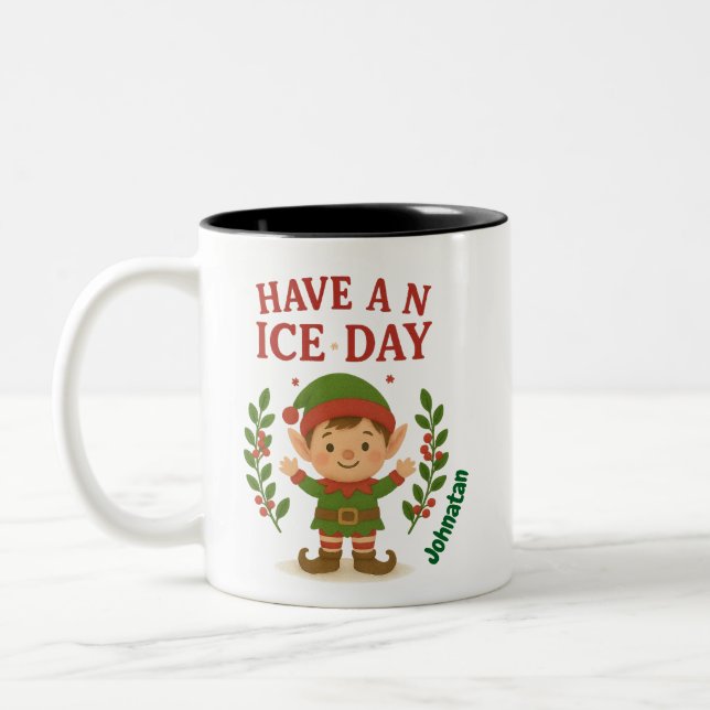 Personalisierte Niedliche Weihnachtself-Tasse Zweifarbige Tasse (Links)
