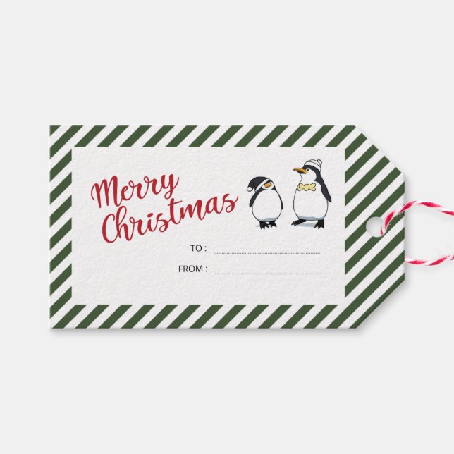 Personalisierte Niedliche Weihnachtspinguine Geschenkanhänger (Vorderseite (Horizontal))