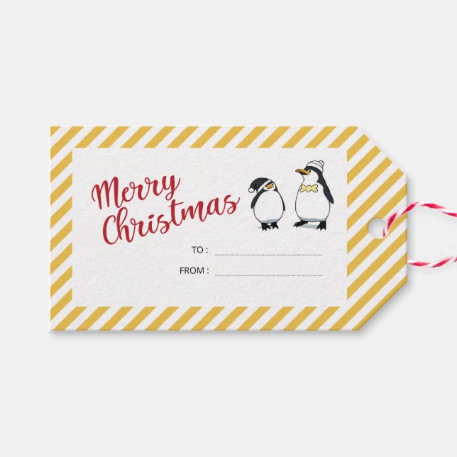 Personalisierte Niedliche Weihnachtspinguine Geschenkanhänger (Vorderseite (Horizontal))