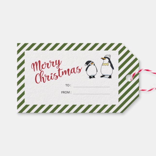 Personalisierte Niedliche Weihnachtspinguine Geschenkanhänger (Vorderseite (Horizontal))