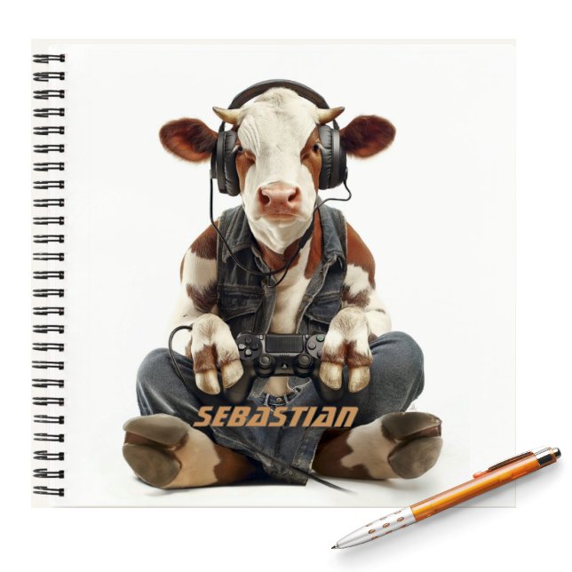 Personalisierte Notebook-Gamer-Kuh für Kinder Notizbuch (Funny Cow wearing headphones and jeans playing video games personalized kids notebook)