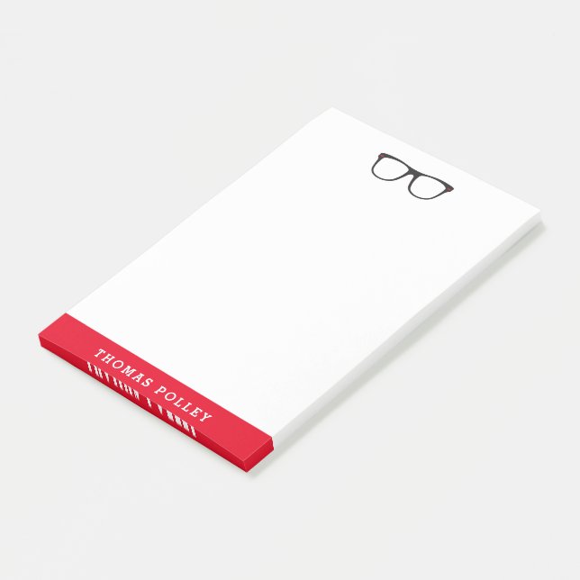 Personalisierte Notepad-Brille mit rotem und schwa Post-it Klebezettel (angewinkelt)