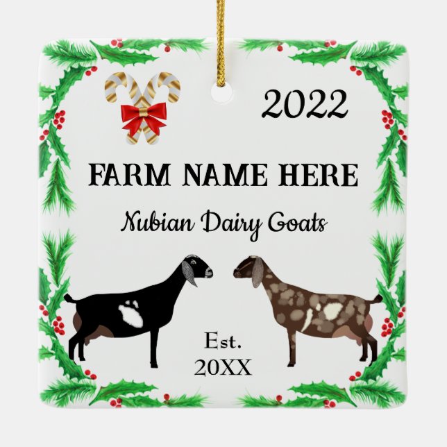 Personalisierte nubische Ziegenfarm Weihnachten Keramikornament (Rückseite)