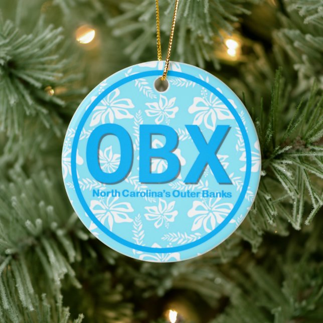 Personalisierte OBX Außenbanken NC Floral Blue Bea Keramik Ornament (Baum)