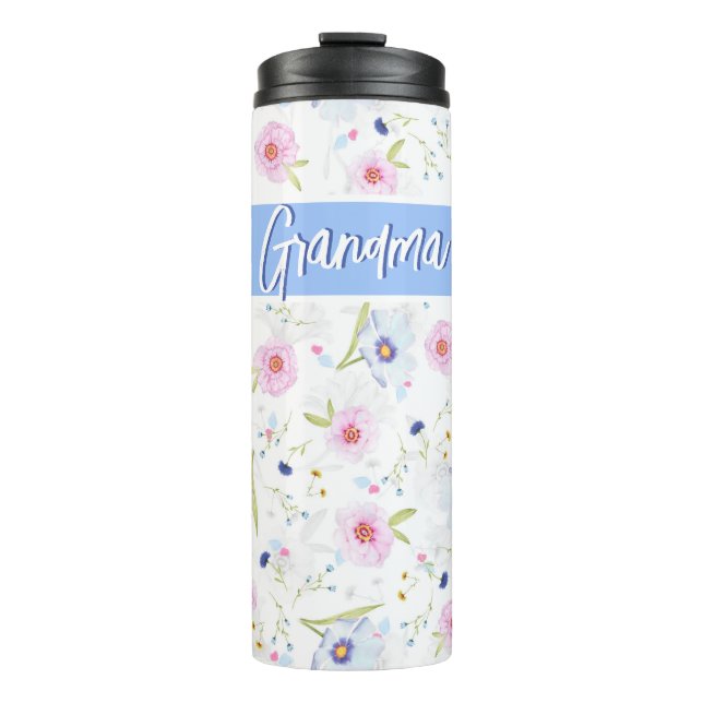 Personalisierte Oma Beautiful Floral Pink Blau Thermosbecher (Vorderseite)