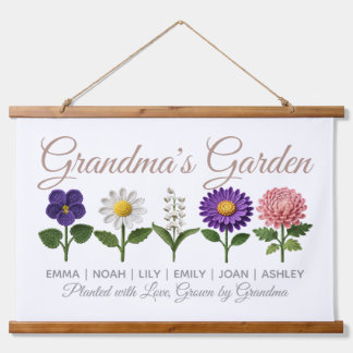 Personalisierte Oma-Häkel-Geburtsblume im Oma-Stil Wandteppich Mit Holzrahmen