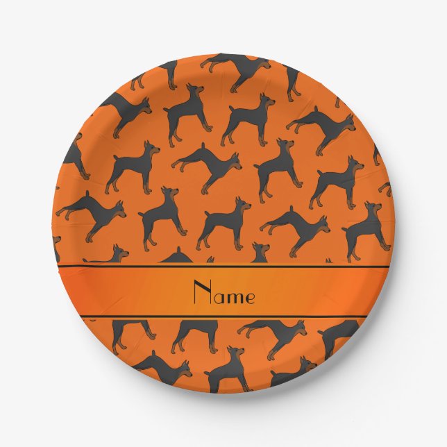 Personalisierte orange Dobermann Namenspinschers Pappteller (Vorderseite)