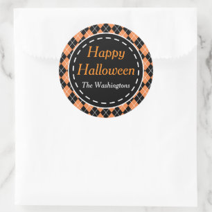 Personalisierte orange schwarze Frohe Halloween-Au Runder Aufkleber