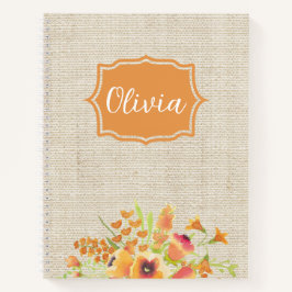 Personalisierte Orangenfarben-Blume auf Burlap Notizbuch